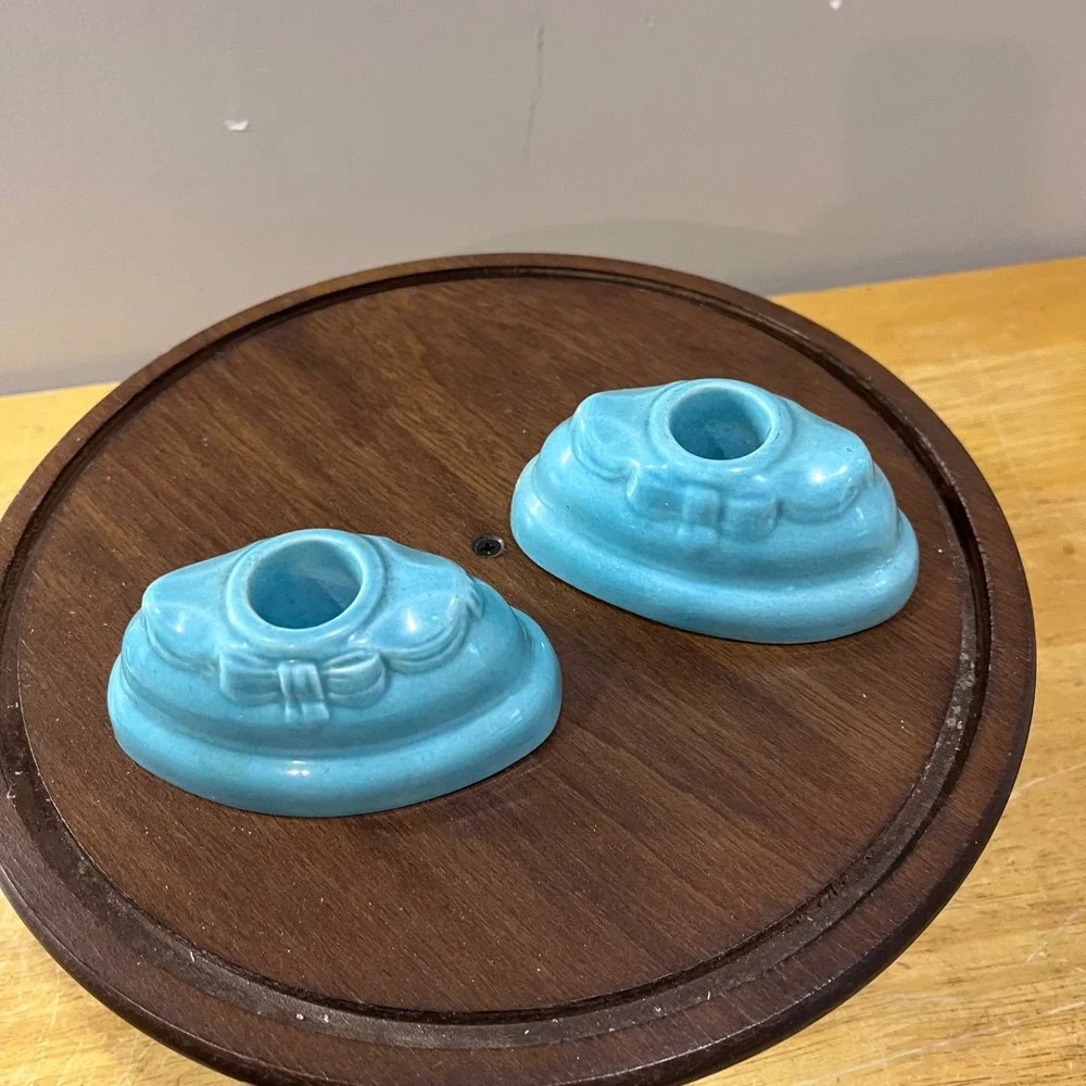 Vtg Art Pottery Aqua Blue Bow Candle Holder Set Mid Century Modern 2pc
